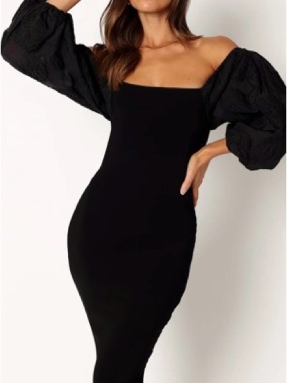 Flying Tomato Black Square Neck Puff Sleeve Bodycon Midi